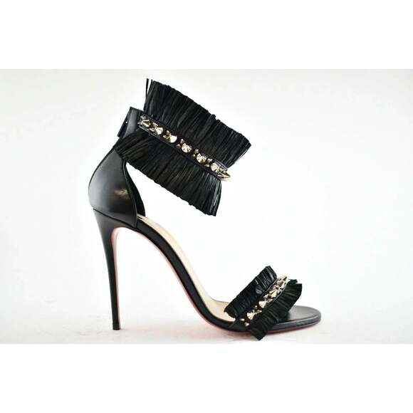 Christian Louboutin Poupedou 100 Black Raffia Ankle Strap Sandal Heel Pump 36 - Picture 2 of 11
